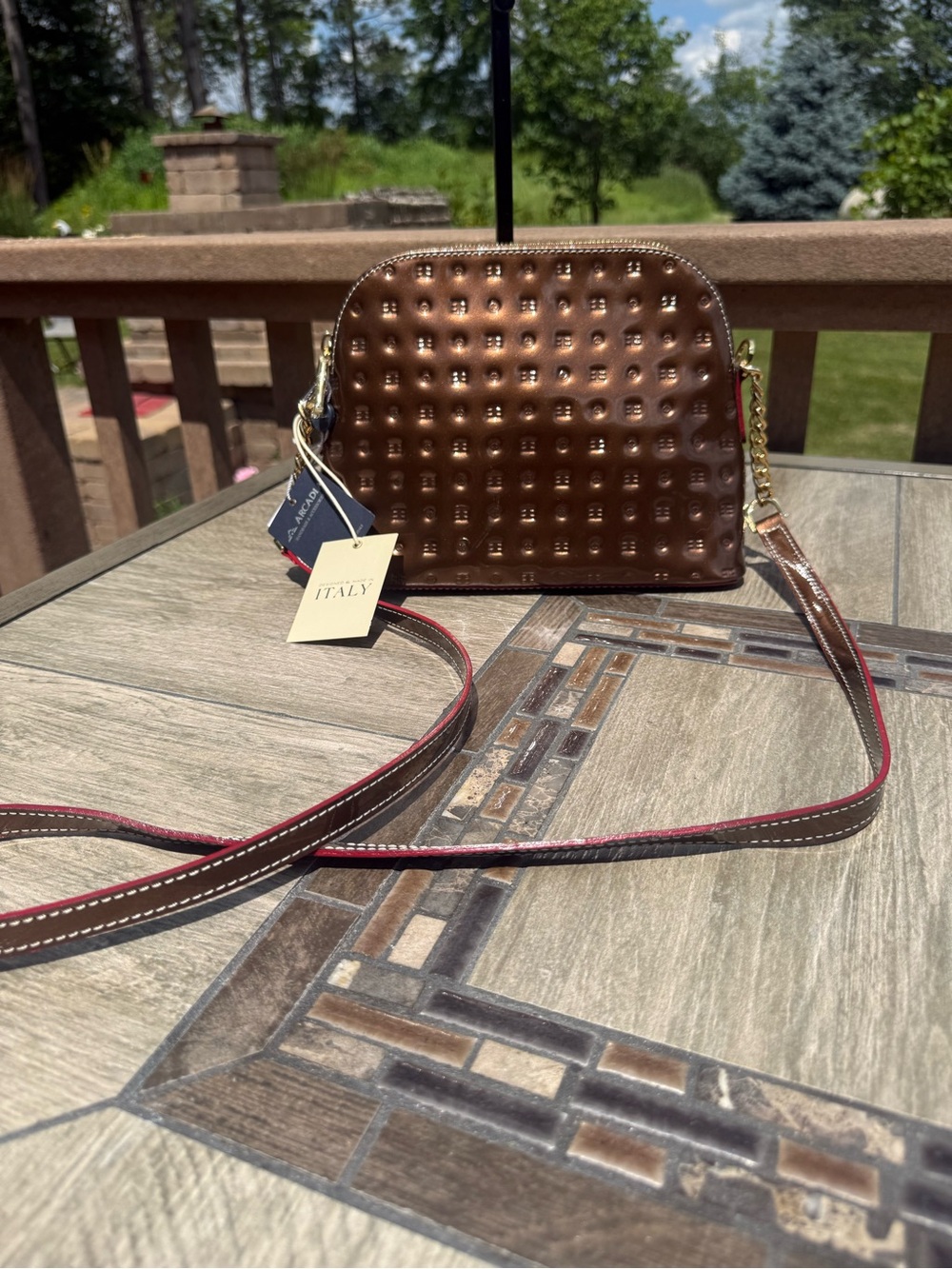 NWT Arcadia Metallic Bronze/Brown Embossed
Patent Leather Dome Crossbody Bag